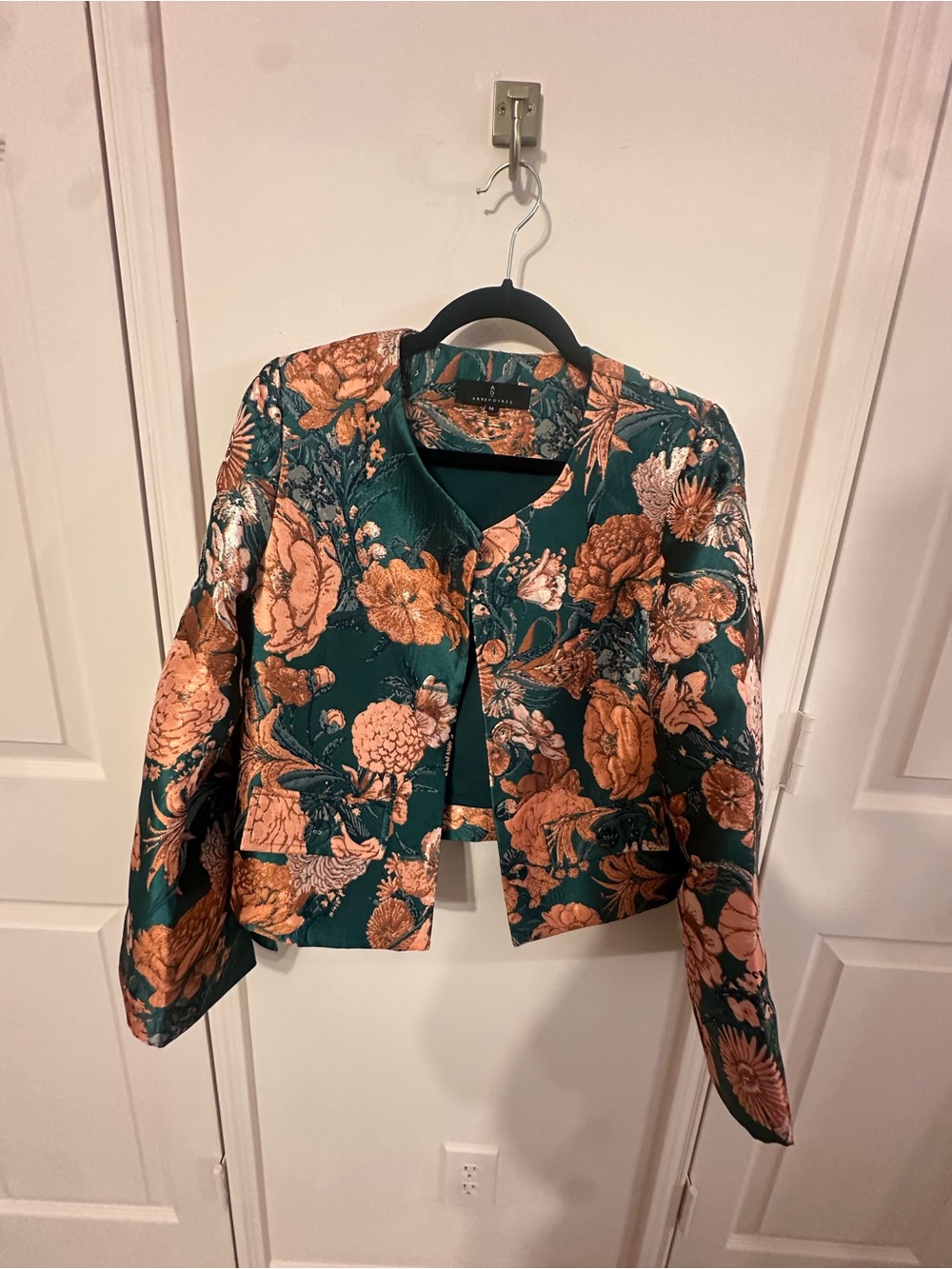 Floral Jacquard Cropped Blazer in Deep Green and Copper